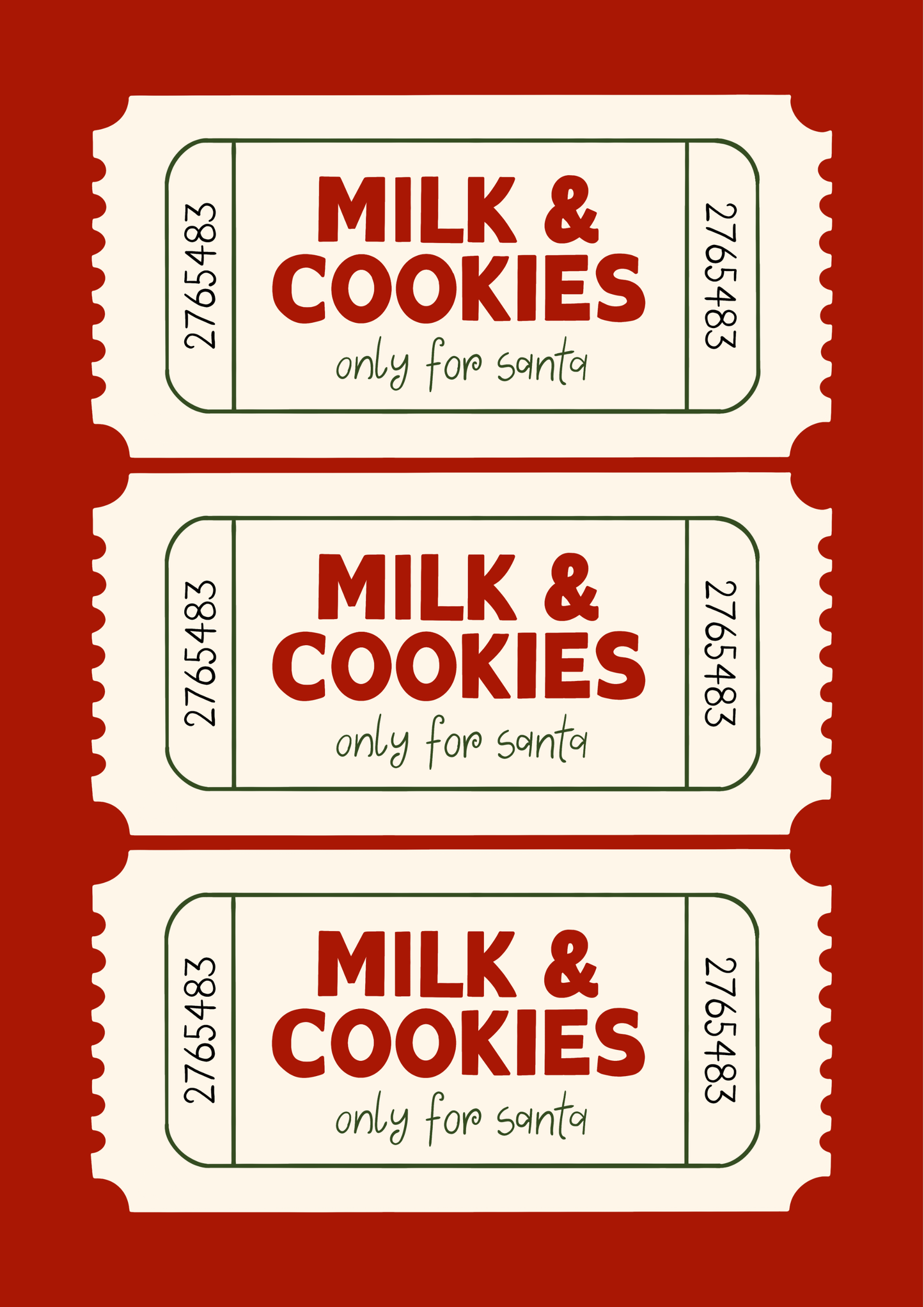 Hand-drawn Christmas print with two festive tickets reading Milk and Cookies on premium ColourLok stock.