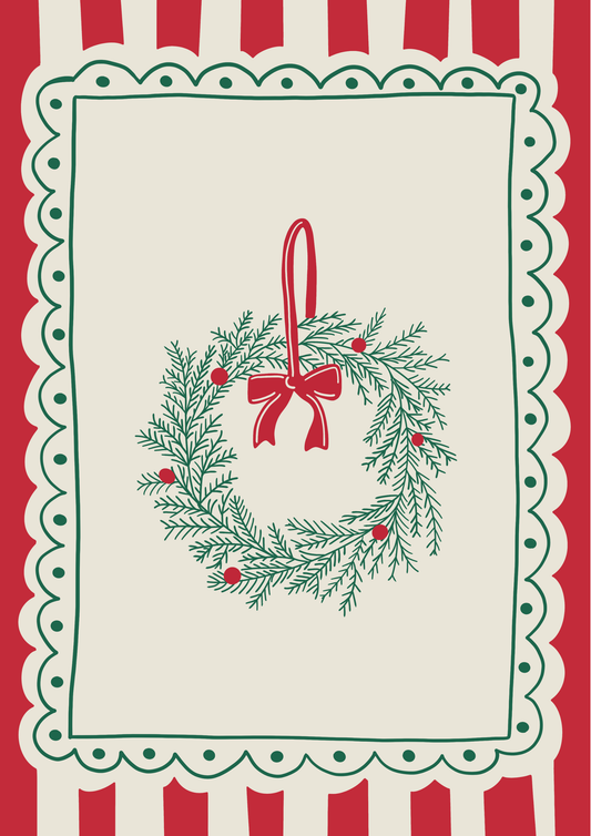 Hand-drawn Christmas wreath print with traditional festive stripes on ColourLok paper.