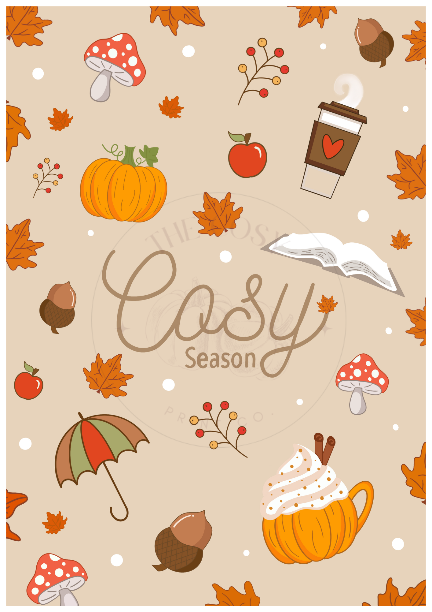 Hand-drawn “Cosy Season” wall art on dark cream background featuring pumpkins, coffee, acorns, leaves, and books on 200gsm high-quality card with ColourLok™. Perfect for hallway or console table.