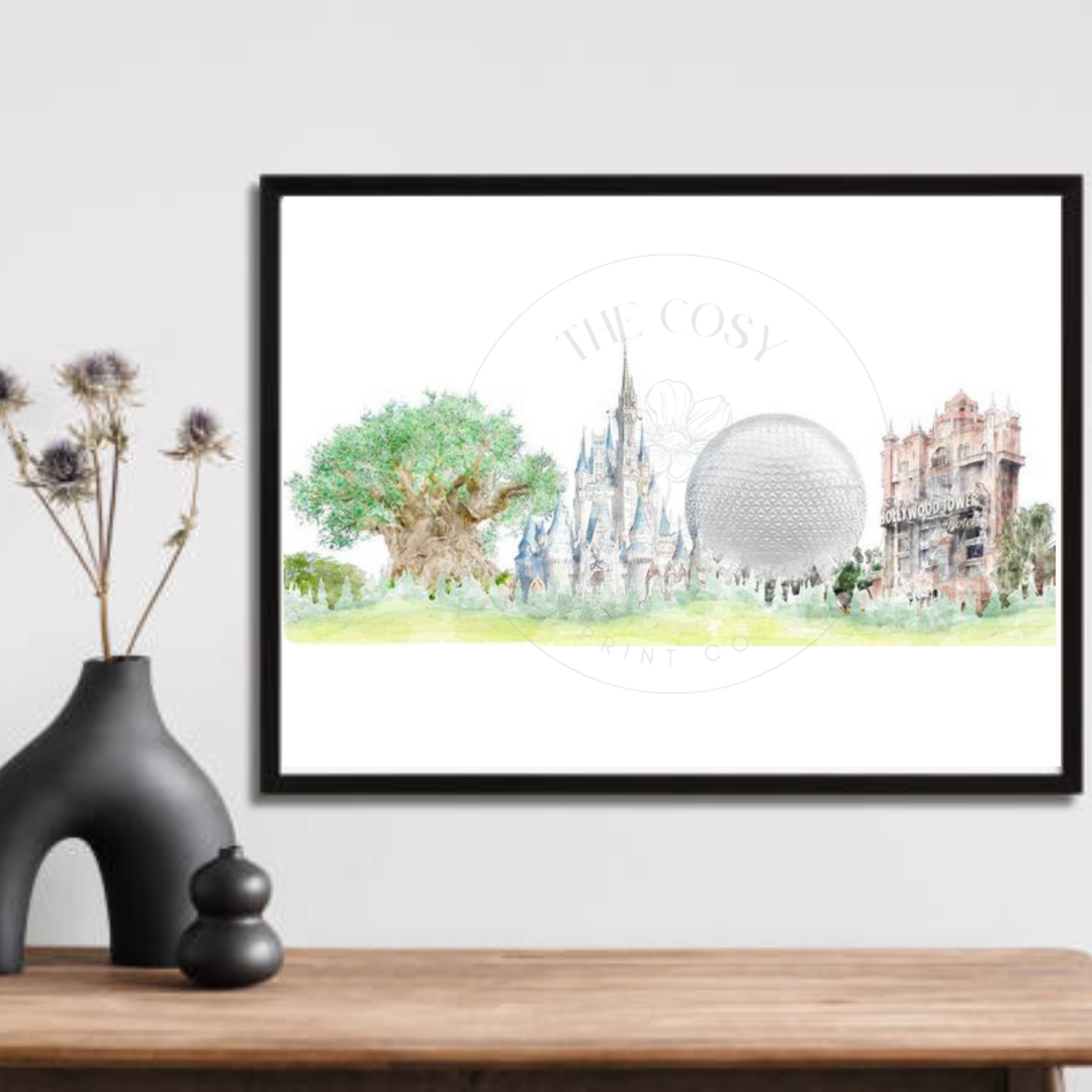 Hand-drawn Disney World park icons print featuring Cinderella’s Castle, Spaceship Earth, Tree of Life, and Tower of Terror