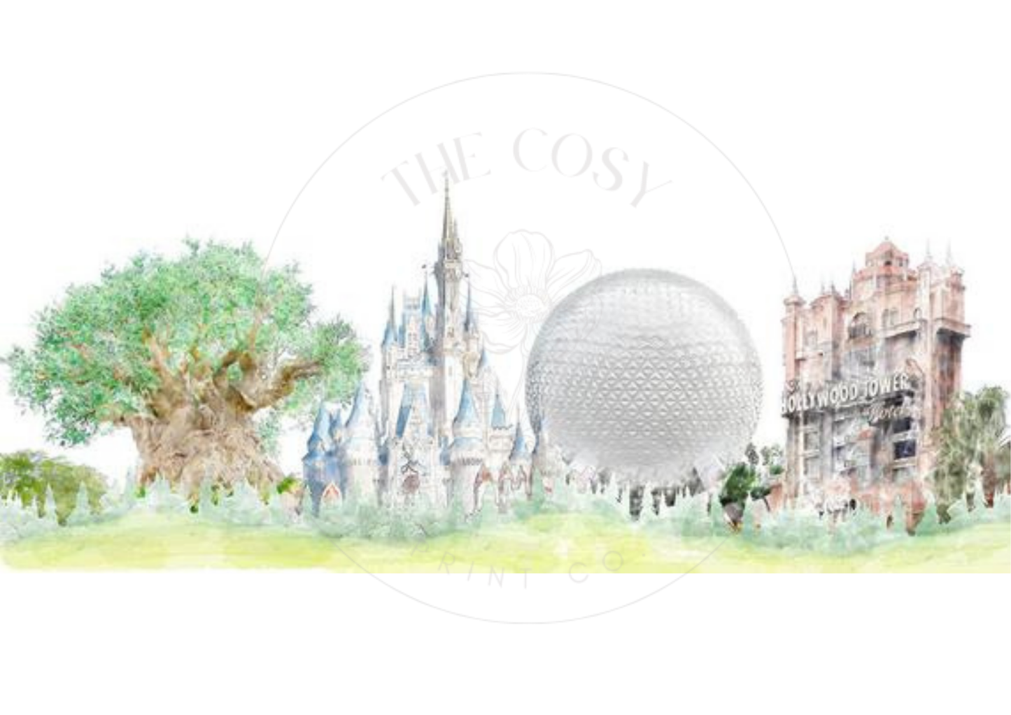 Hand-drawn Disney World park icons print featuring Cinderella’s Castle, Spaceship Earth, Tree of Life, and Tower of Terror