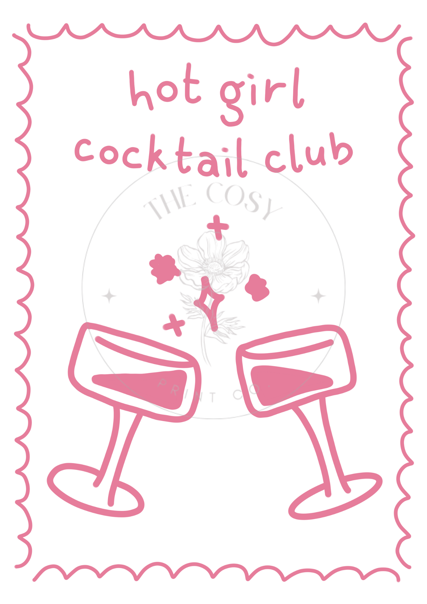 Hand-drawn Hot Girl Cocktail Club print featuring playful sketches of cocktails and fun, stylish lettering