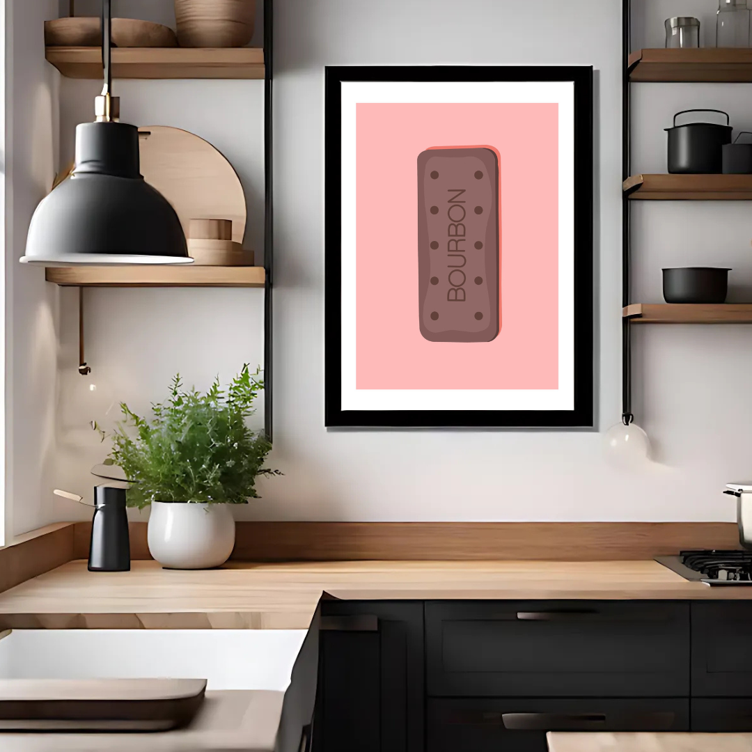 Hand-drawn art print of a Bourbon biscuit with warm, nostalgic detail – part of The Cosy Print Company’s Tea and Biscuit collection