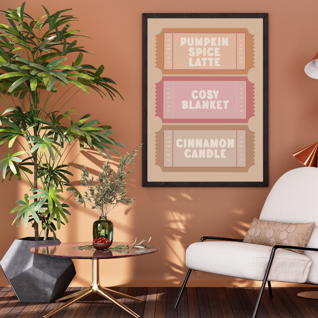 Hand-drawn autumn ticket print on 200gsm high-quality card with ColourLok™ finish. Design features Pumpkin Spice Latte, Cosy Blanket, or Cinnamon Candle in warm autumn colours. Perfect for hallway, console table, or kitchen décor.