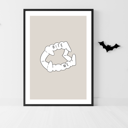Hand-drawn black and white line art print of vampire teeth with the phrase “Bite Me” on a cream background – Halloween wall art by The Cosy Print Company, printed on 200gsm Colour-Lock™ paper.