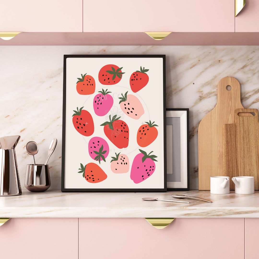 Hand-drawn bold strawberry print in a modern, minimalist style with expressive lines and design.