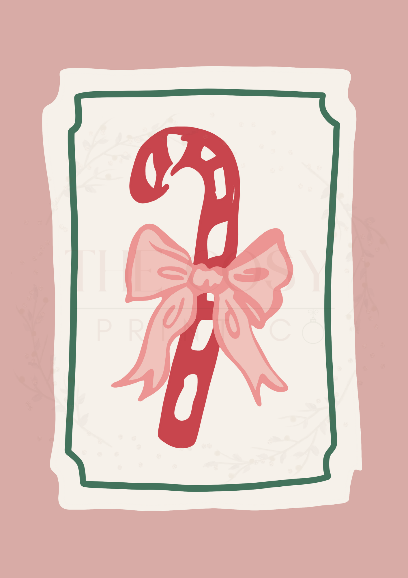 Hand-drawn candy cane in soft pinks and greens with stripes.