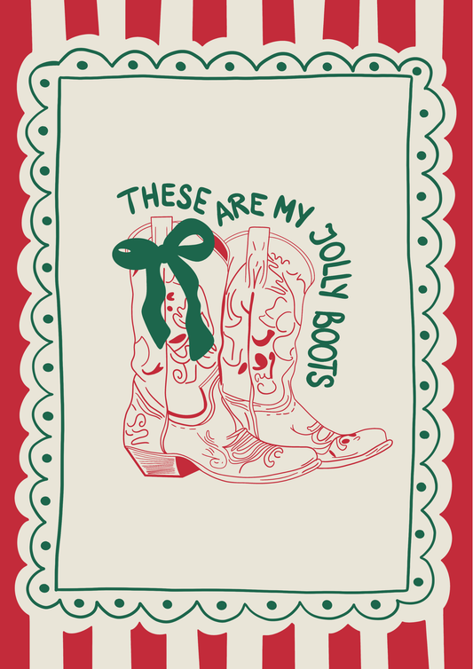 Hand-drawn cosy Christmas boots print with the phrase These Are My Jolly Boots on ColourLok paper.