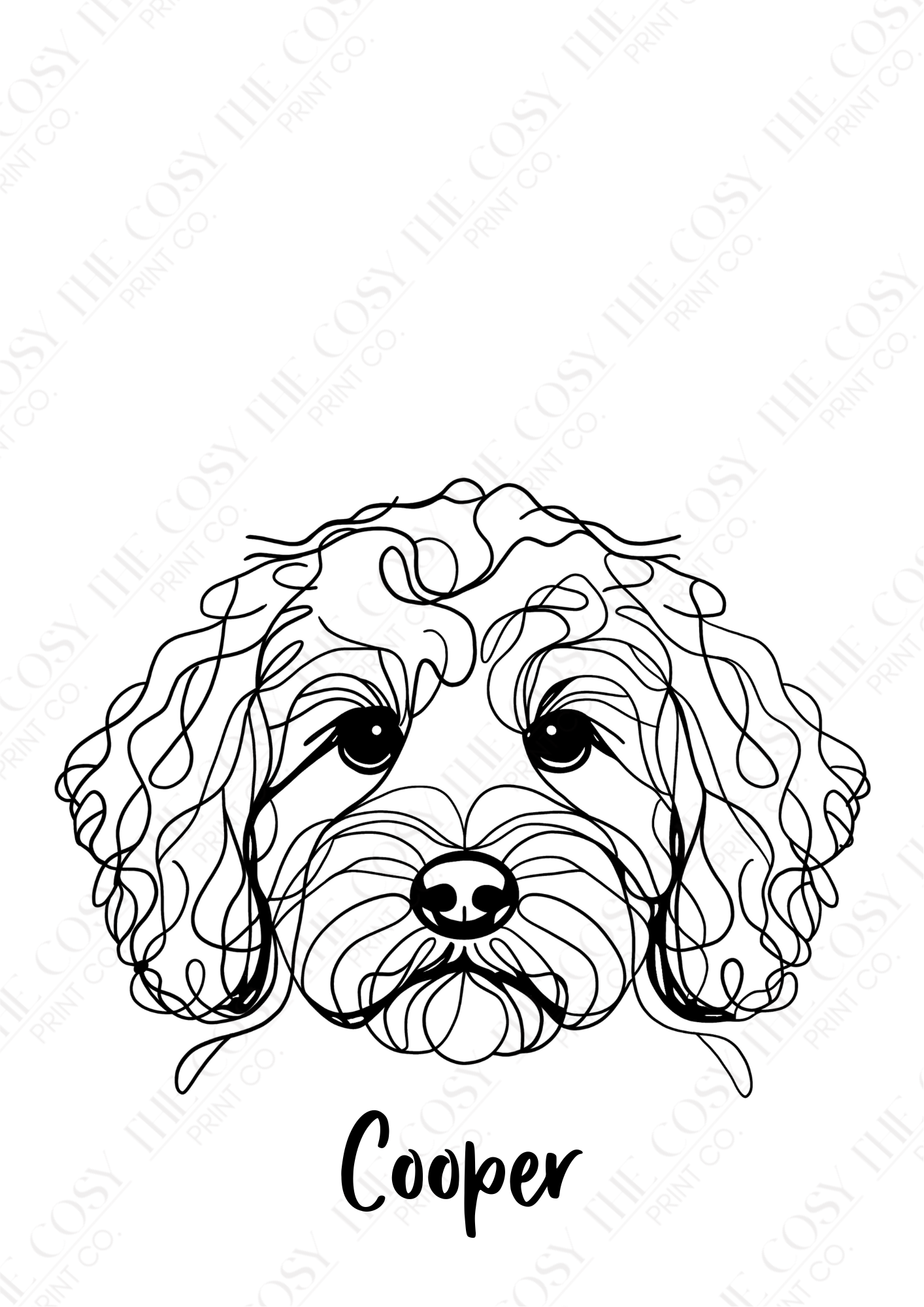 Hand-drawn curly cockapoo portrait print on premium 220gsm Colour Lok™ cardstock, personalised dog illustration wall art.