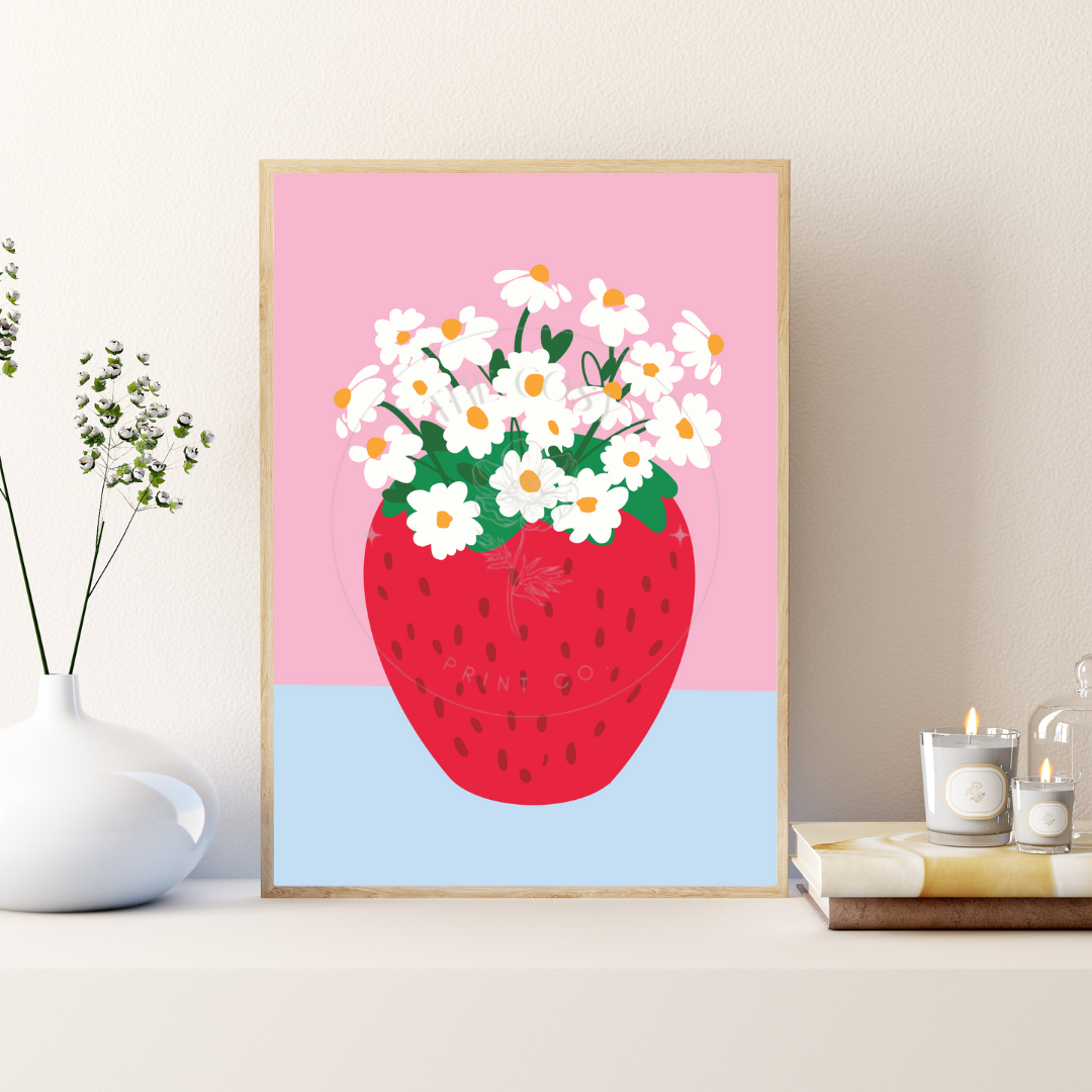 Hand-drawn daisies in a vase print, minimalist style with bold lines and soft floral detail.