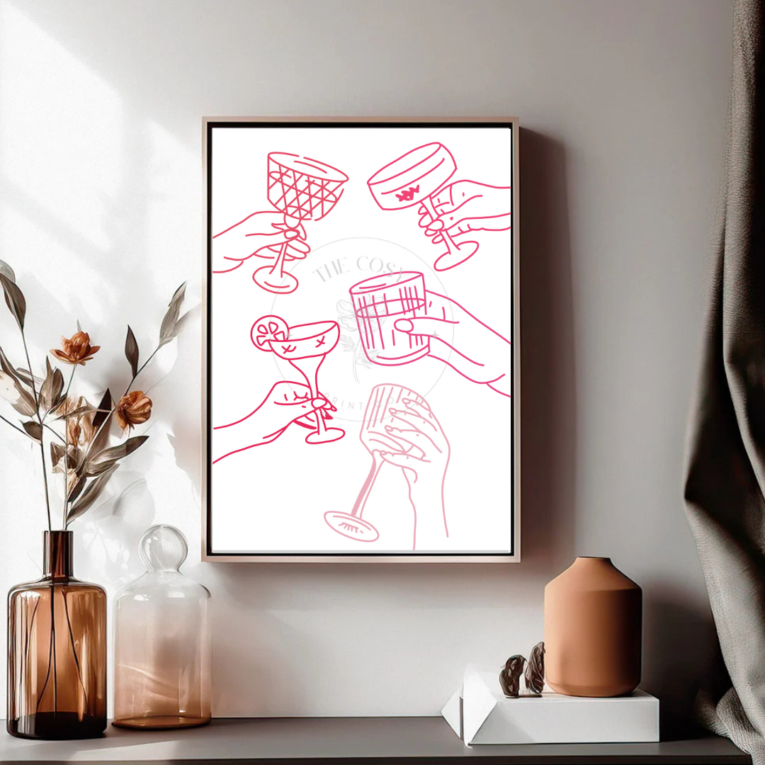 Hand-drawn pink cocktail glasses and clinking hands with the word 'Cheers' in playful, stylish script.