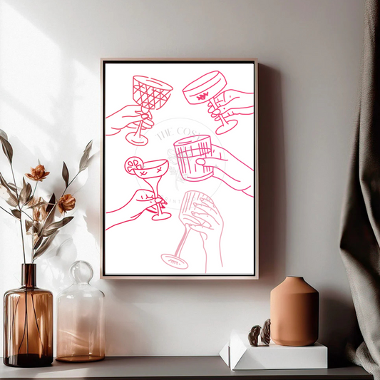 Hand-drawn pink cocktail glasses and clinking hands with the word 'Cheers' in playful, stylish script.