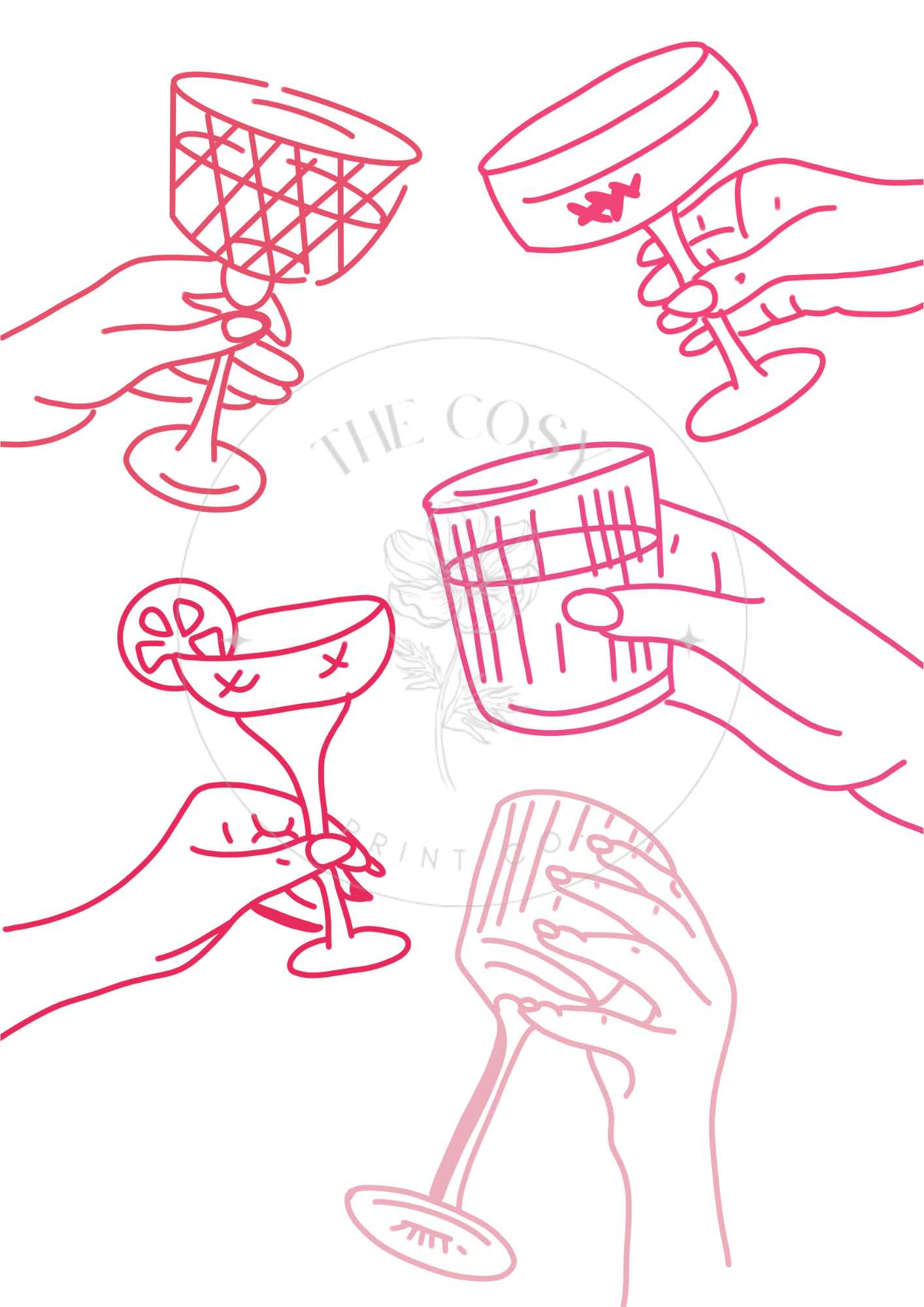 Hand-drawn pink cocktail glasses and clinking hands with the word 'Cheers' in playful, stylish script.