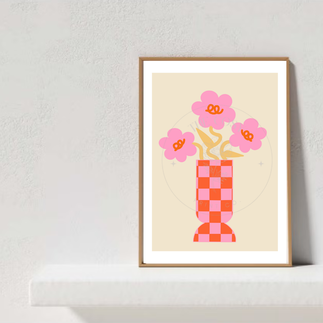 Hand-drawn print of bold flowers in a vase, designed with modern lines and minimalistic floral detail.