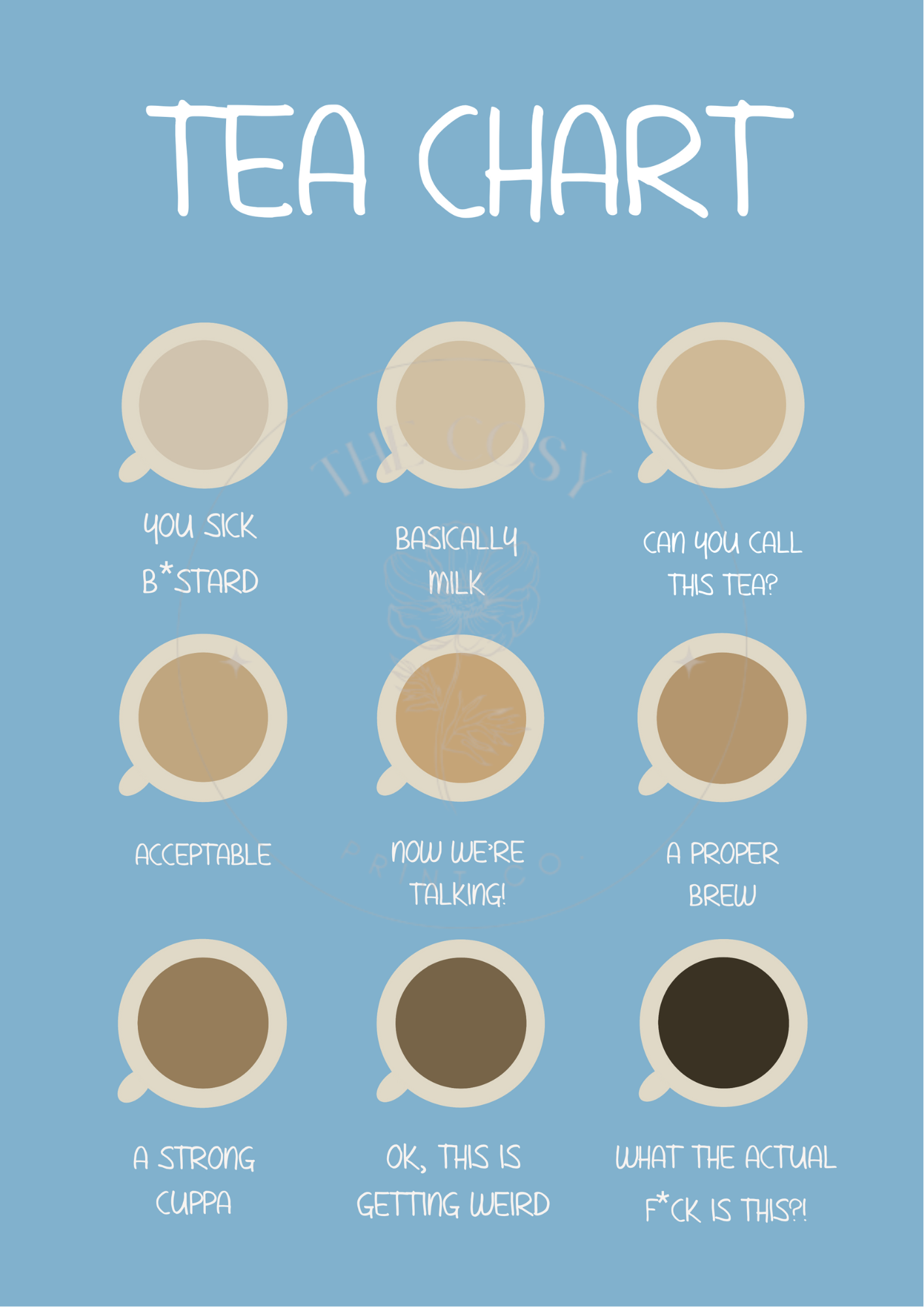 Hand-drawn tea chart print showing a variety of tea shades with cheeky judgement quotes.