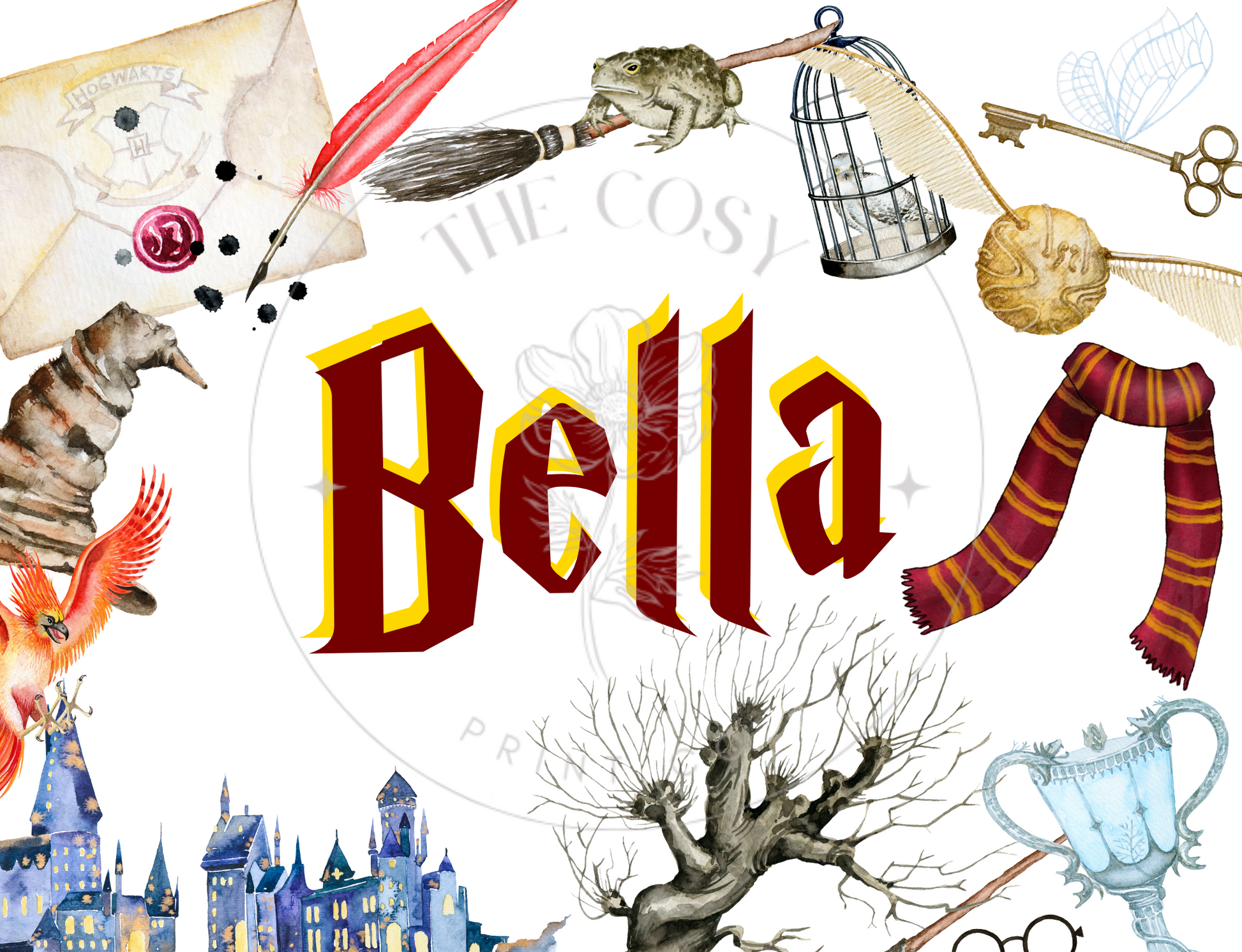 Harry Potter-inspired name print with cloak, wand, and house scarf details