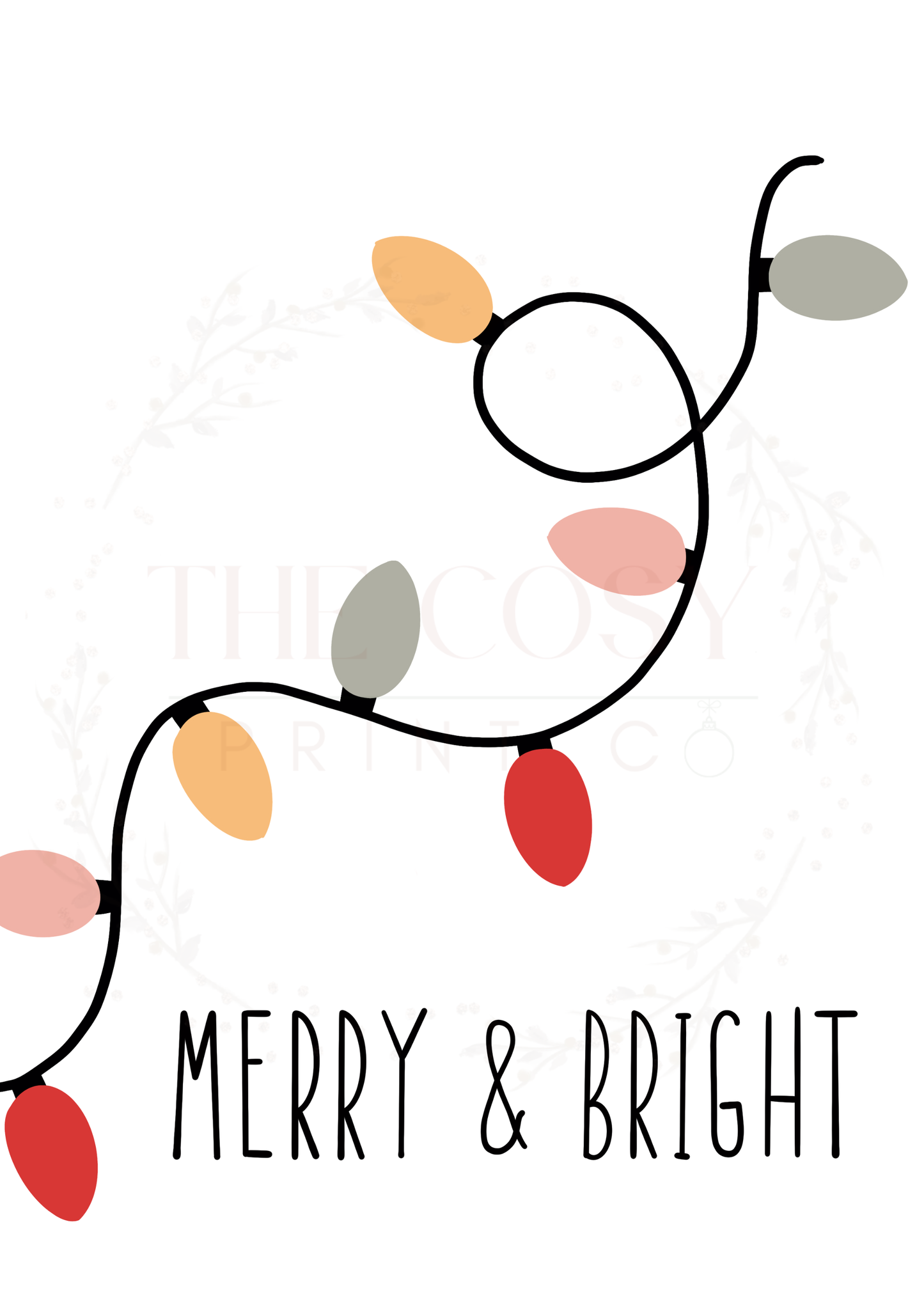 Merry and Bright Christmas print with bold hand-drawn Christmas lights wrapped around festive lettering.