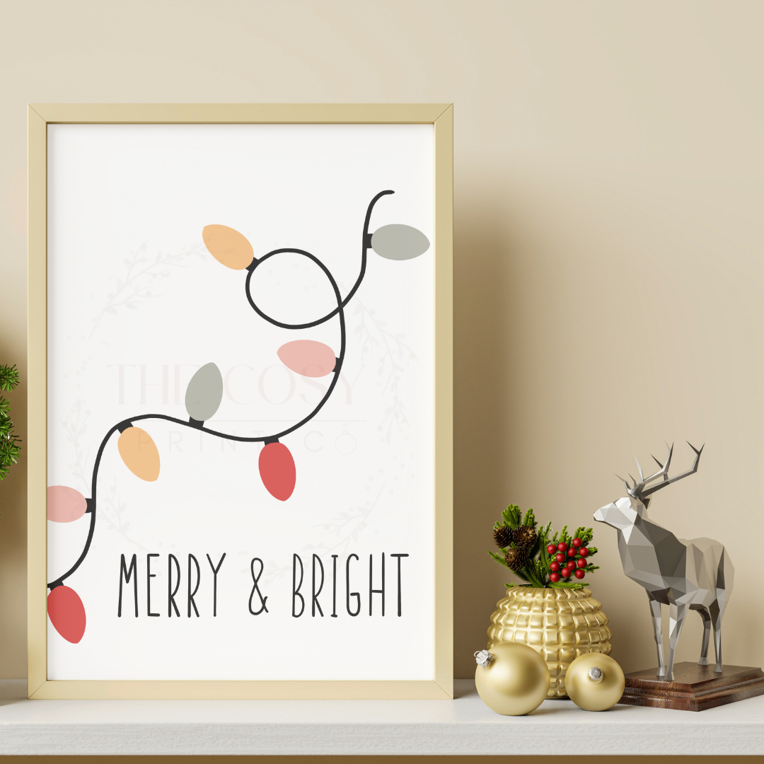 Merry and Bright Christmas print with bold hand-drawn Christmas lights wrapped around festive lettering.