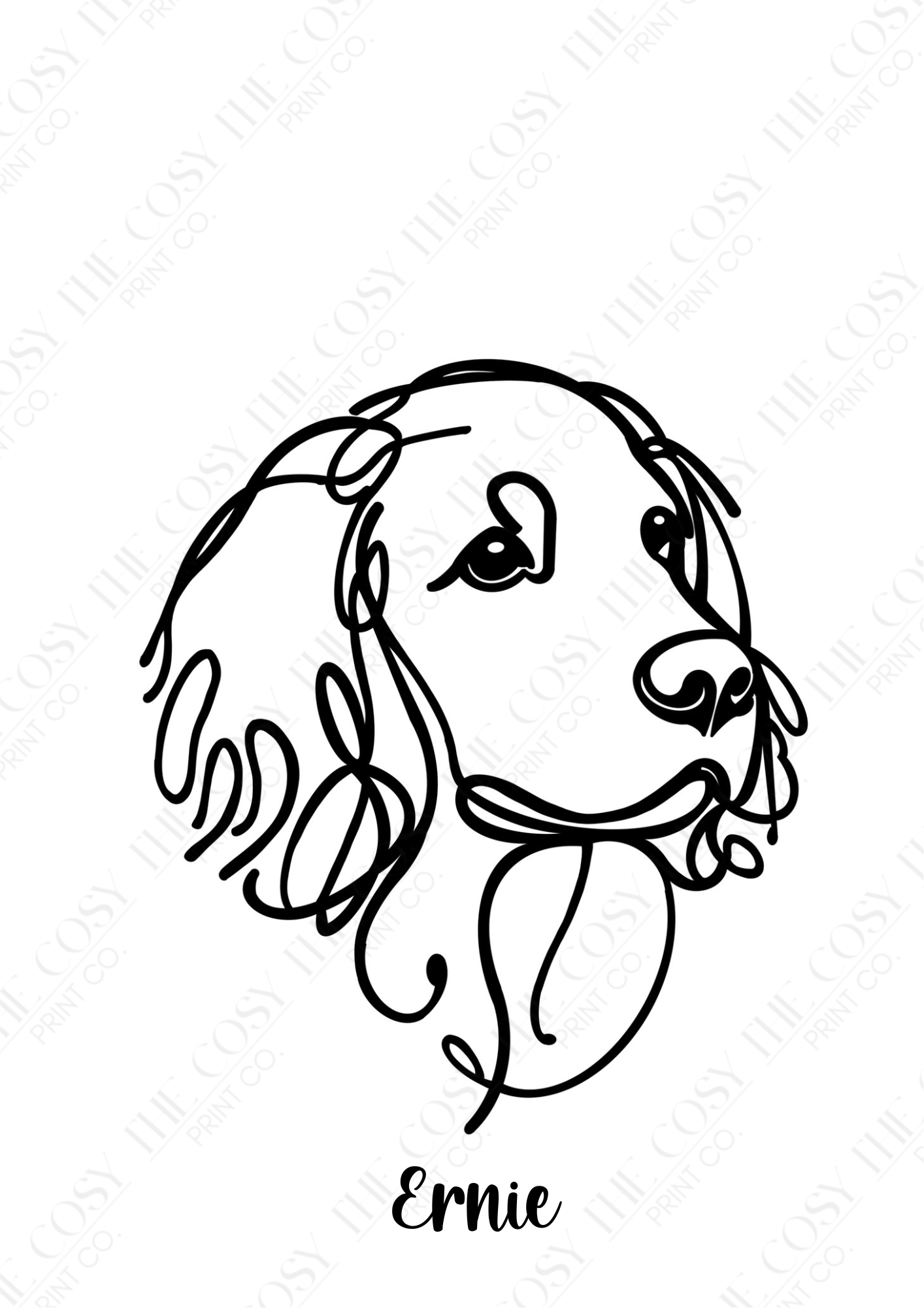Minimal black line art illustration of a Cocker/Springer Spaniel with long ears, with space below for a personalised dog name.