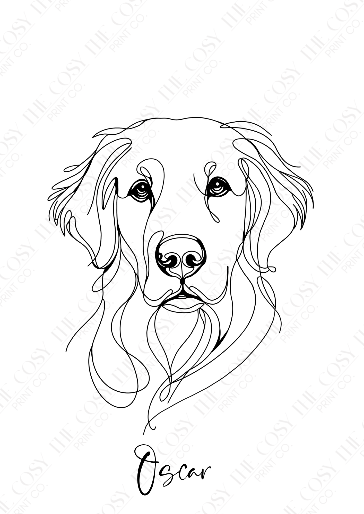 Minimal black line art illustration of a Golden Retriever dog, with space underneath for a personalised name.