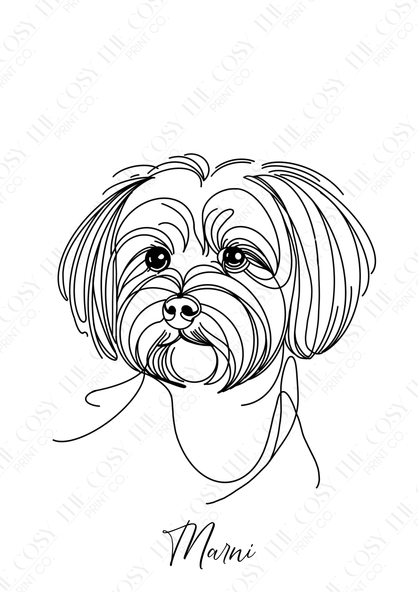 Minimal black line art illustration of a Maltese, with space underneath for a personalised dog name