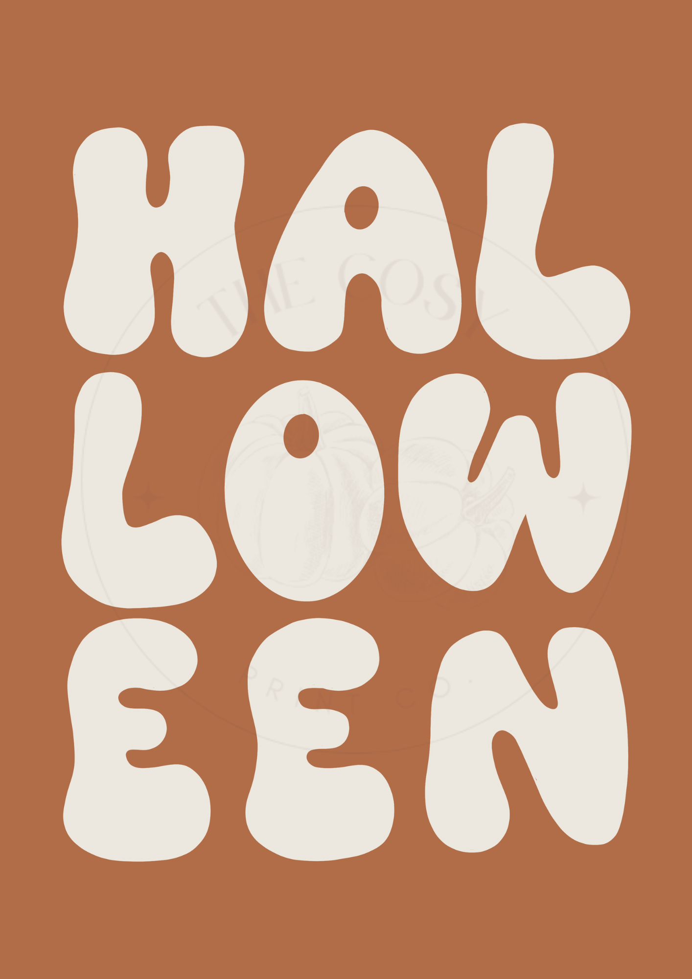 Minimal orange and cream wall art print with bold “HALLOWEEN” typography – hand-drawn seasonal decor by The Cosy Print Company, printed on 200gsm Colour-Lock™ paper, available in A4 and A3 sizes.