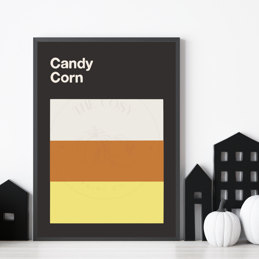 Minimalist Halloween wall art print featuring candy corn-inspired colour blocks in black, white, and orange – by The Cosy Print Company, printed on 200gsm Colour-Lock™ paper, available in A4 and A3 sizes.