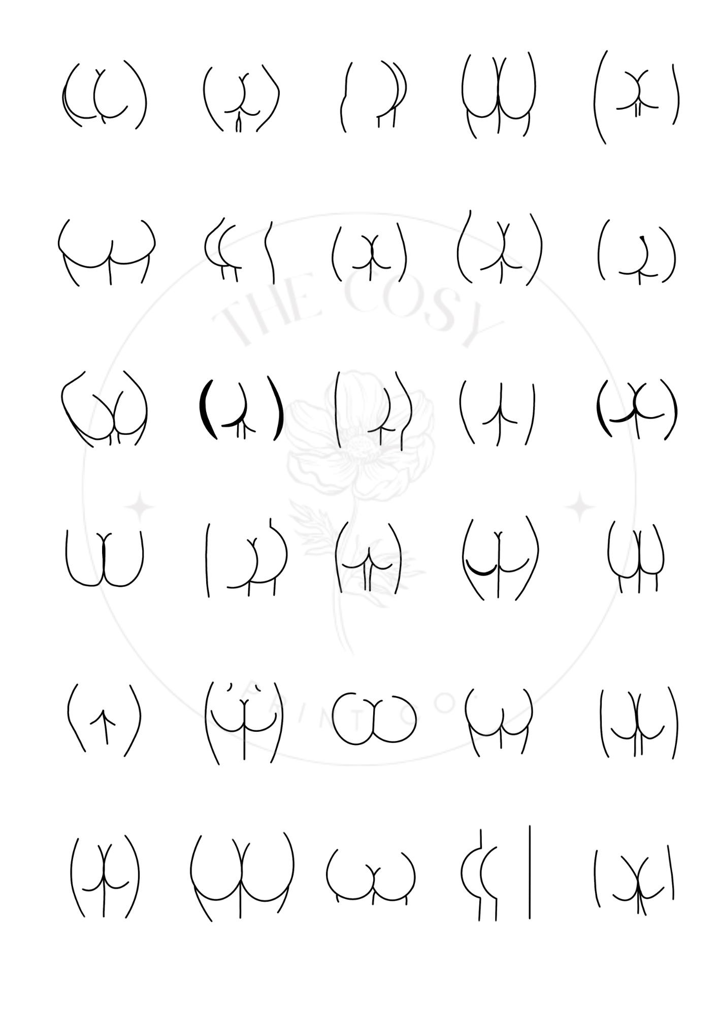 Minimalist black and white line drawing of different bum shapes – bold and body-positive wall art.