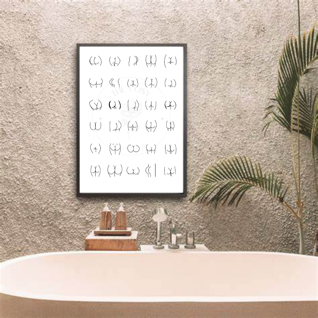 Minimalist black and white line drawing of different bum shapes – bold and body-positive wall art.