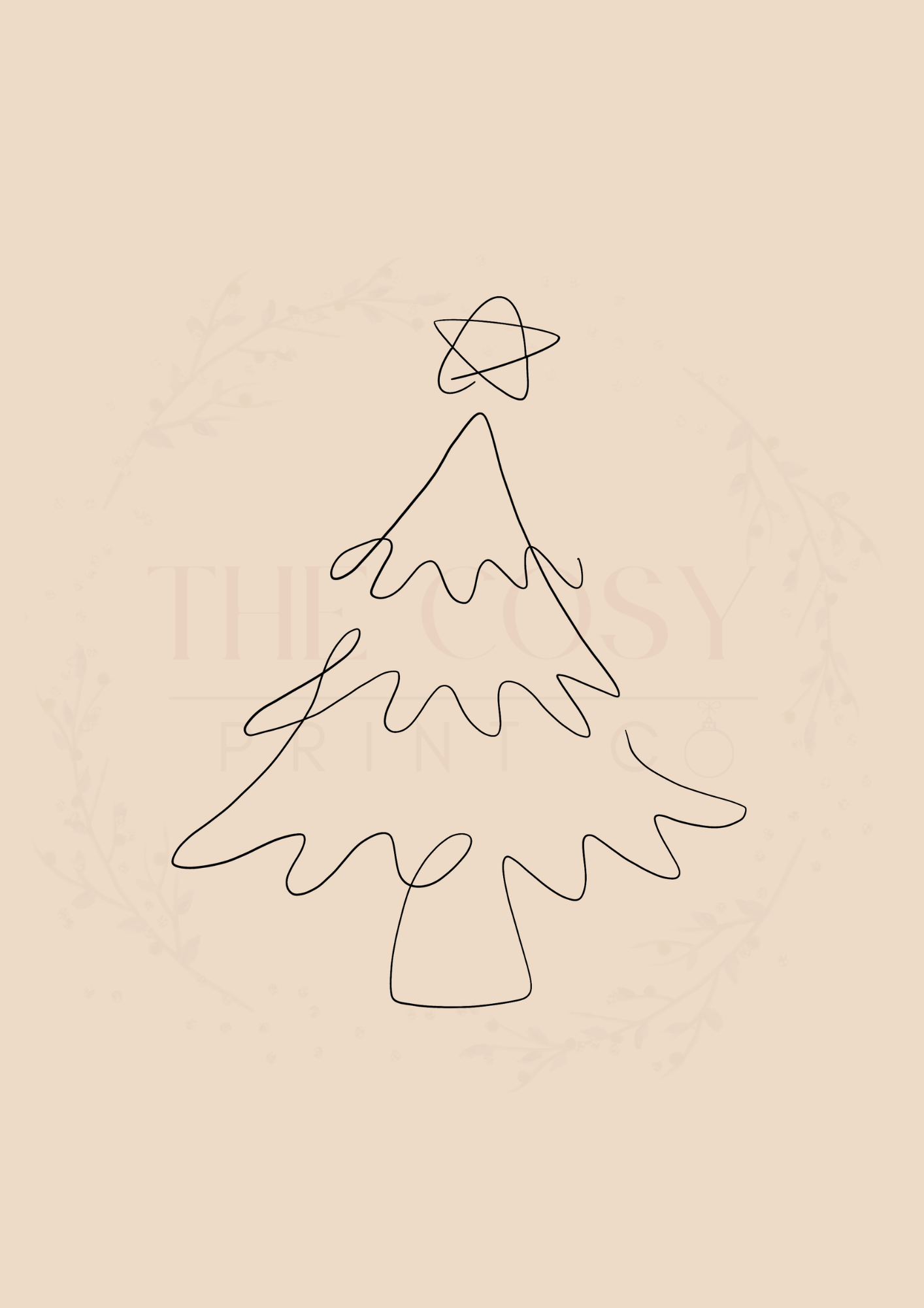 Minimalist hand-drawn line Christmas tree print on a white or cream background.