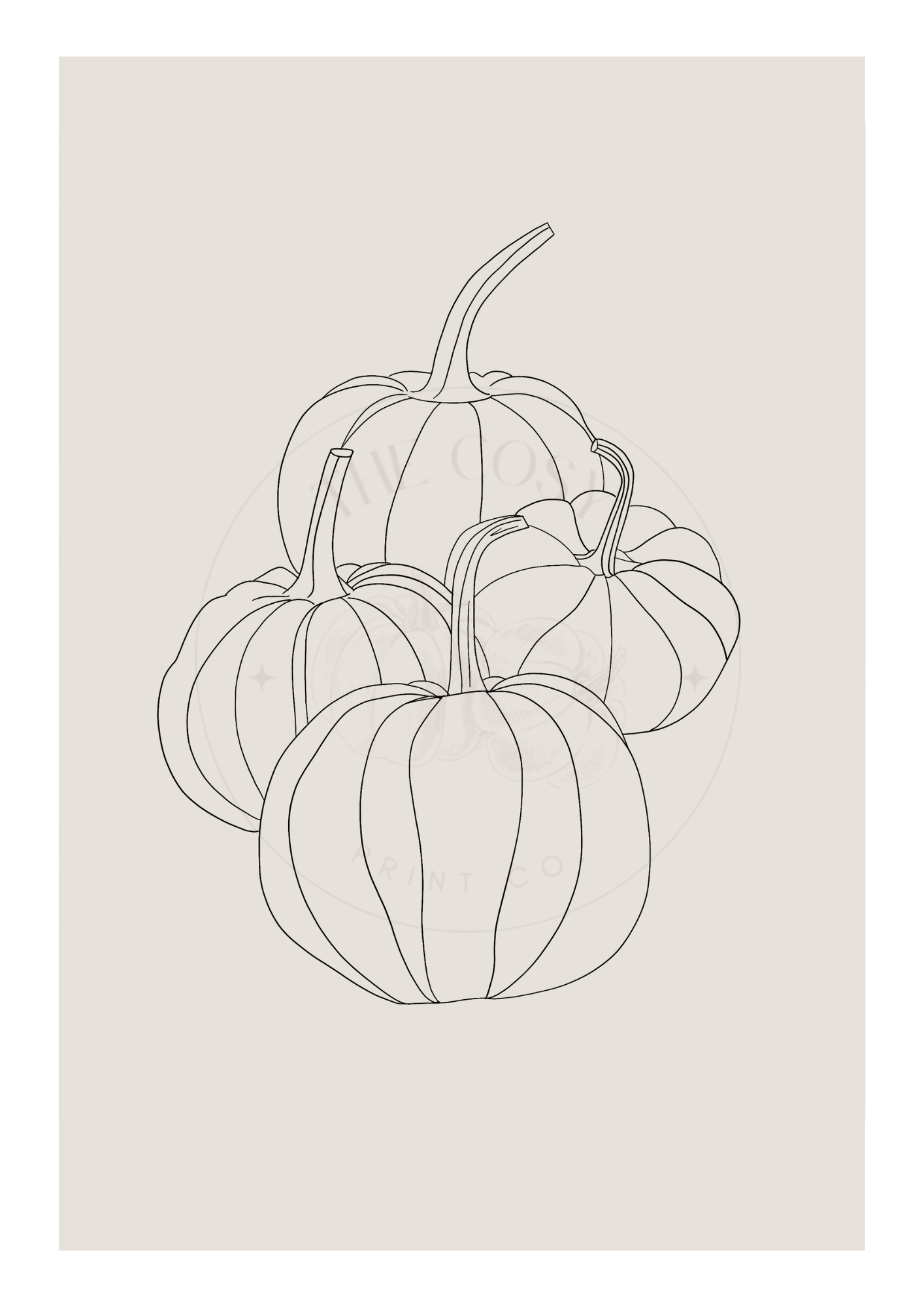 Minimalist hand-drawn pumpkin wall art on a greige background with subtle autumn tones.