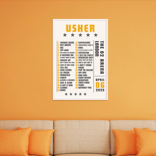 Minimalist print featuring Usher’s 2025 Past, Present & Future tour expected setlist with customisable colour option.