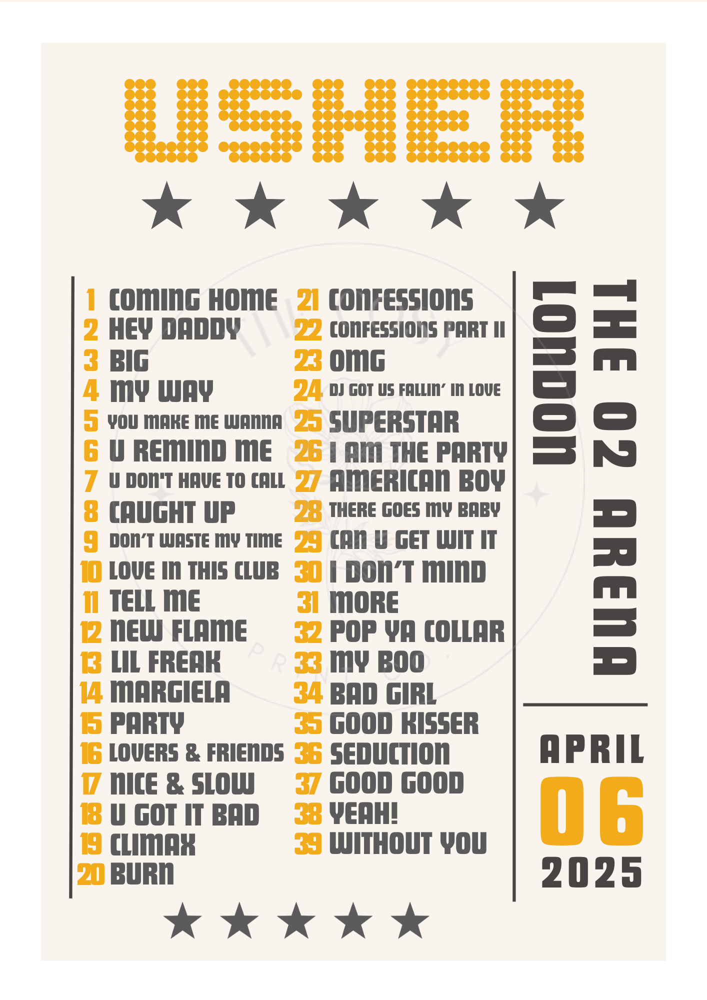 Minimalist print featuring Usher’s 2025 Past, Present & Future tour expected setlist with customisable colour option.