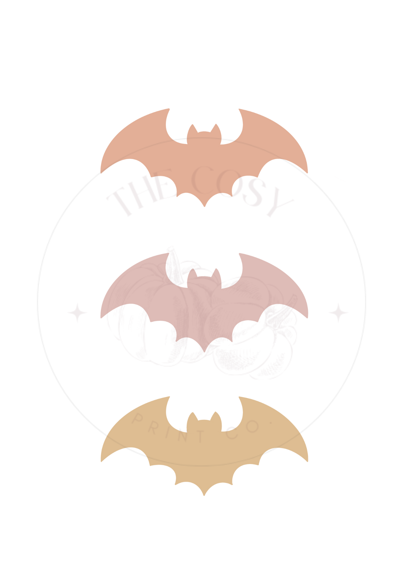 Pastel Halloween wall art print featuring hand-drawn bats in soft colours – by The Cosy Print Company, printed on 200gsm Colour-Lock™ paper, available in A4 and A3 sizes.