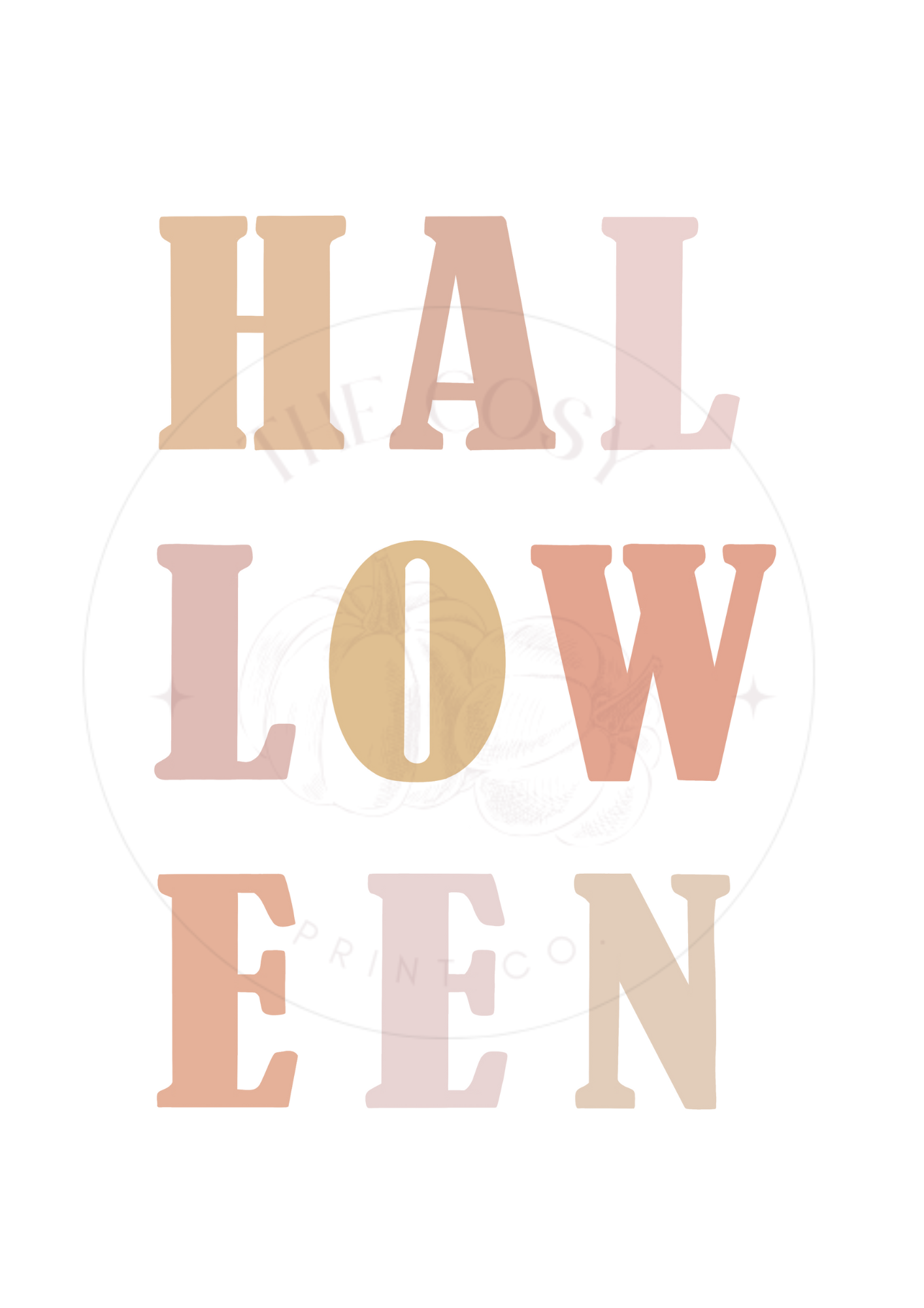 Pastel Halloween wall art print featuring hand-drawn letters spelling “Halloween” – by The Cosy Print Company, printed on 200gsm Colour-Lock™ paper, available in A4 and A3 sizes.