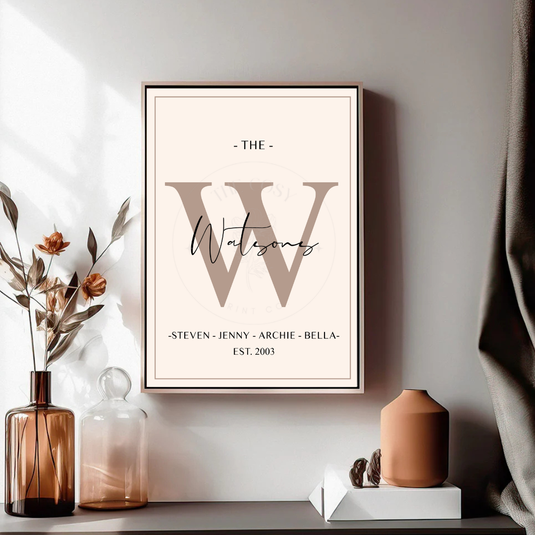 Personalised family surname print with modern typography and optional established year.