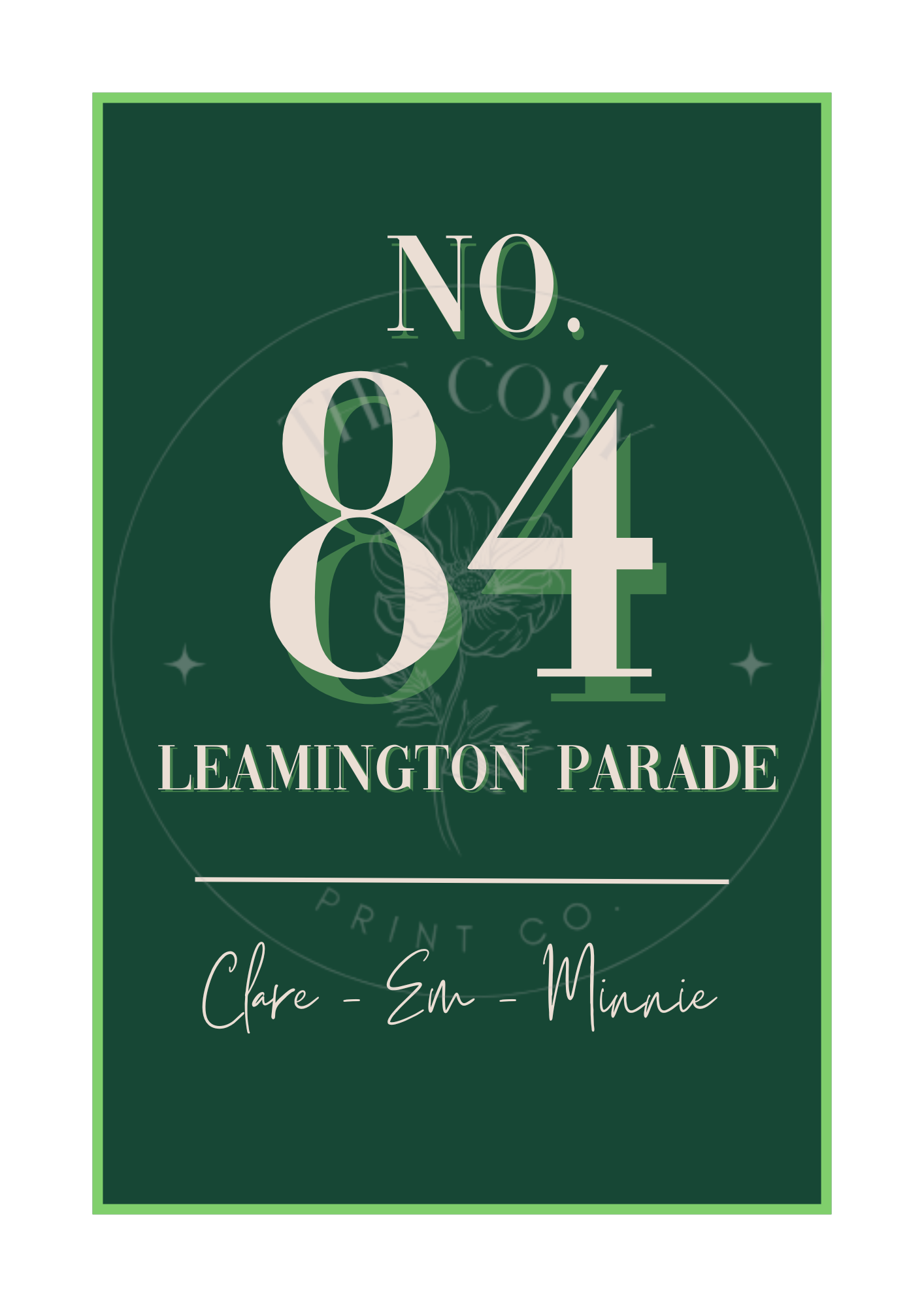 Personalised home address print with family names below, in a customisable colour.