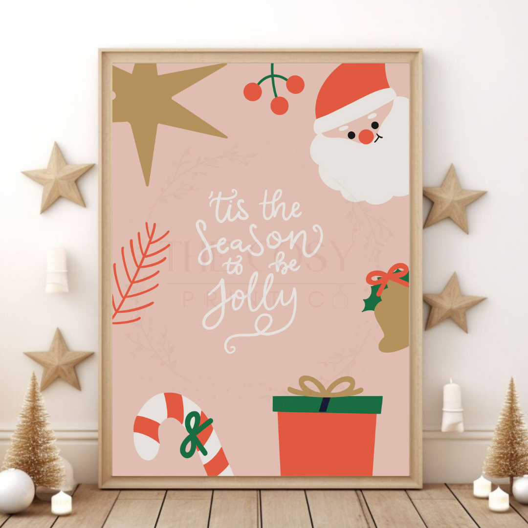 Pink Christmas print with “Tis The Season To Be Jolly” text, candy canes, stars and festive gifts on a soft pastel pink background.