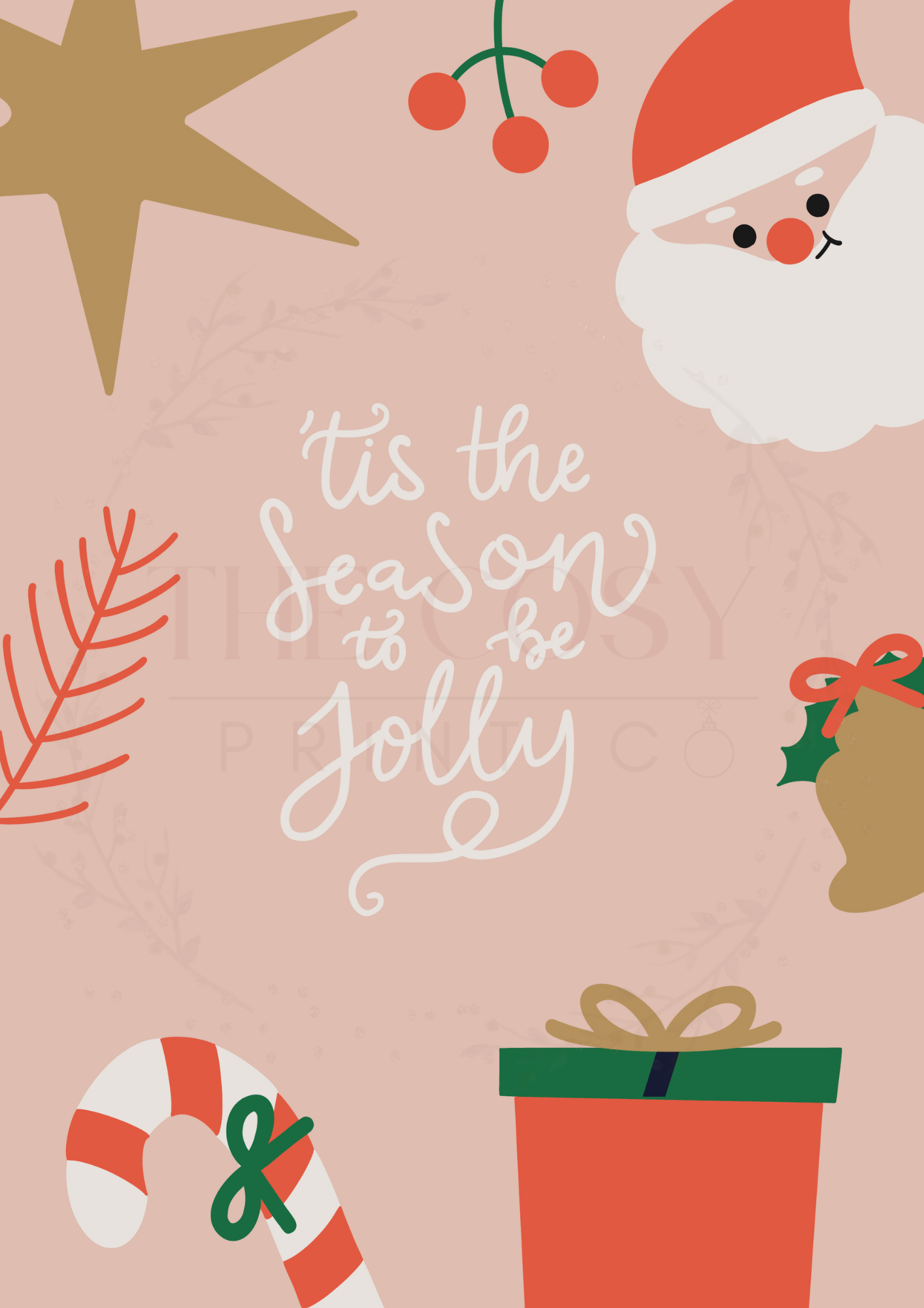 Pink Christmas print with “Tis The Season To Be Jolly” text, candy canes, stars and festive gifts on a soft pastel pink background.