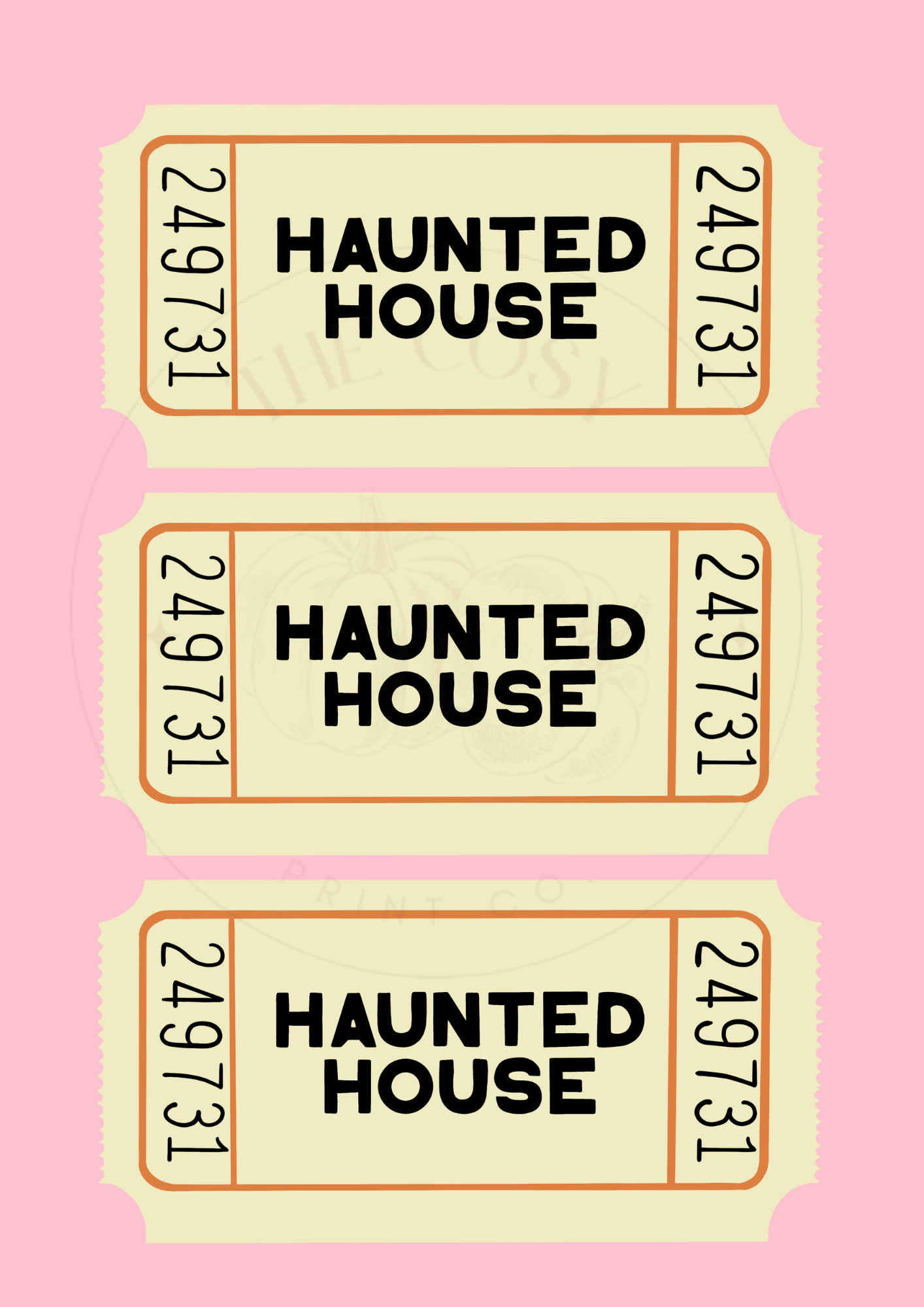 Pink and cream wall art print featuring three vintage-style haunted house tickets – pastel Halloween decor by The Cosy Print Company, printed on 200gsm Colour-Lock™ paper, available in A4 and A3 sizes.