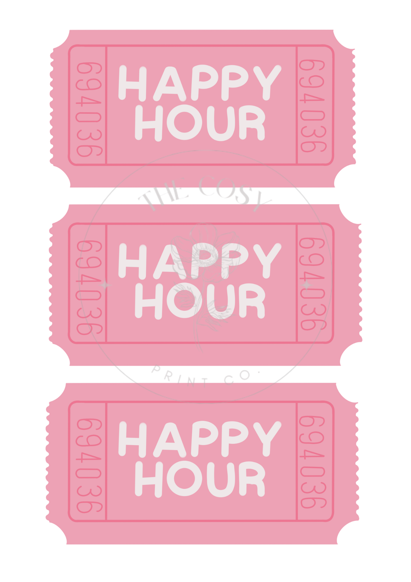 Pink and white hand-drawn Happy Hour ticket print, featuring a vintage ticket design with soft, playful tones