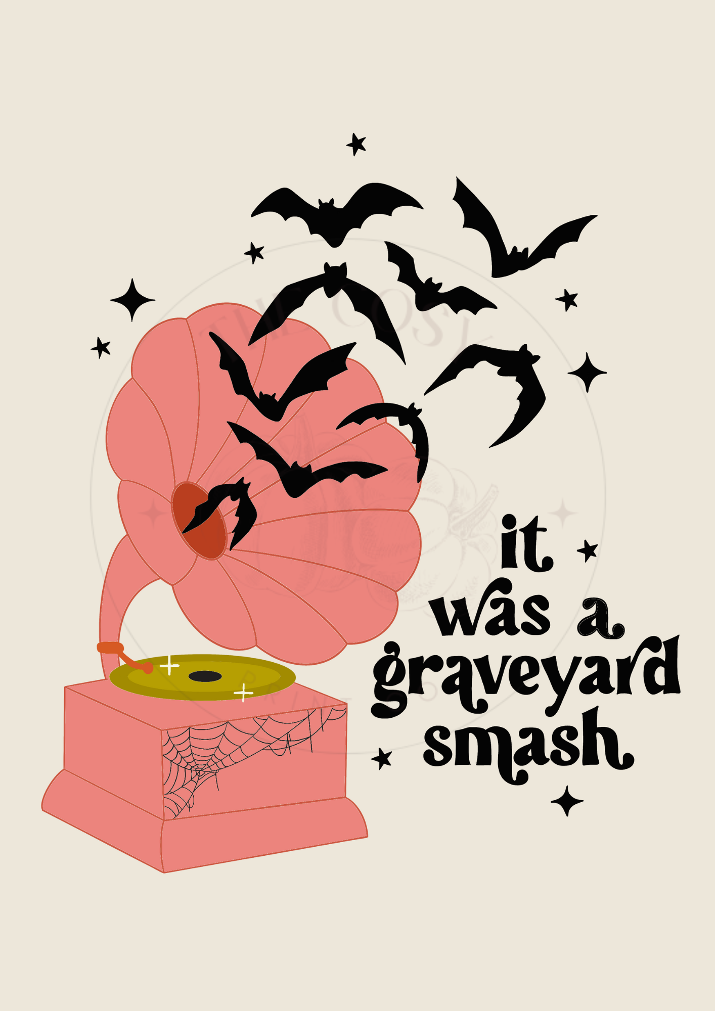 Retro Halloween wall art print featuring a gramophone with bats and the text “It was a graveyard smash” – printed on 200gsm Colour-Lock™ paper, available in A4 and A3 sizes.