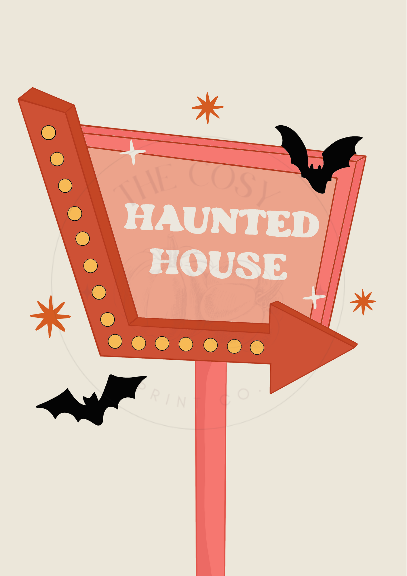 Retro light-up sign pointing to a haunted house in creams and pinks – Halloween wall art by The Cosy Print Company, printed on 200gsm Colour-Lock™ paper, available in A4 and A3 sizes.