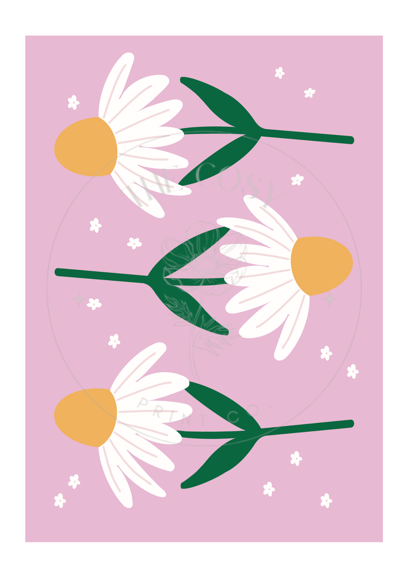 Set of 4 hand-drawn daisy prints in pastel pink, purple, blue, and green shown as a gallery wall.