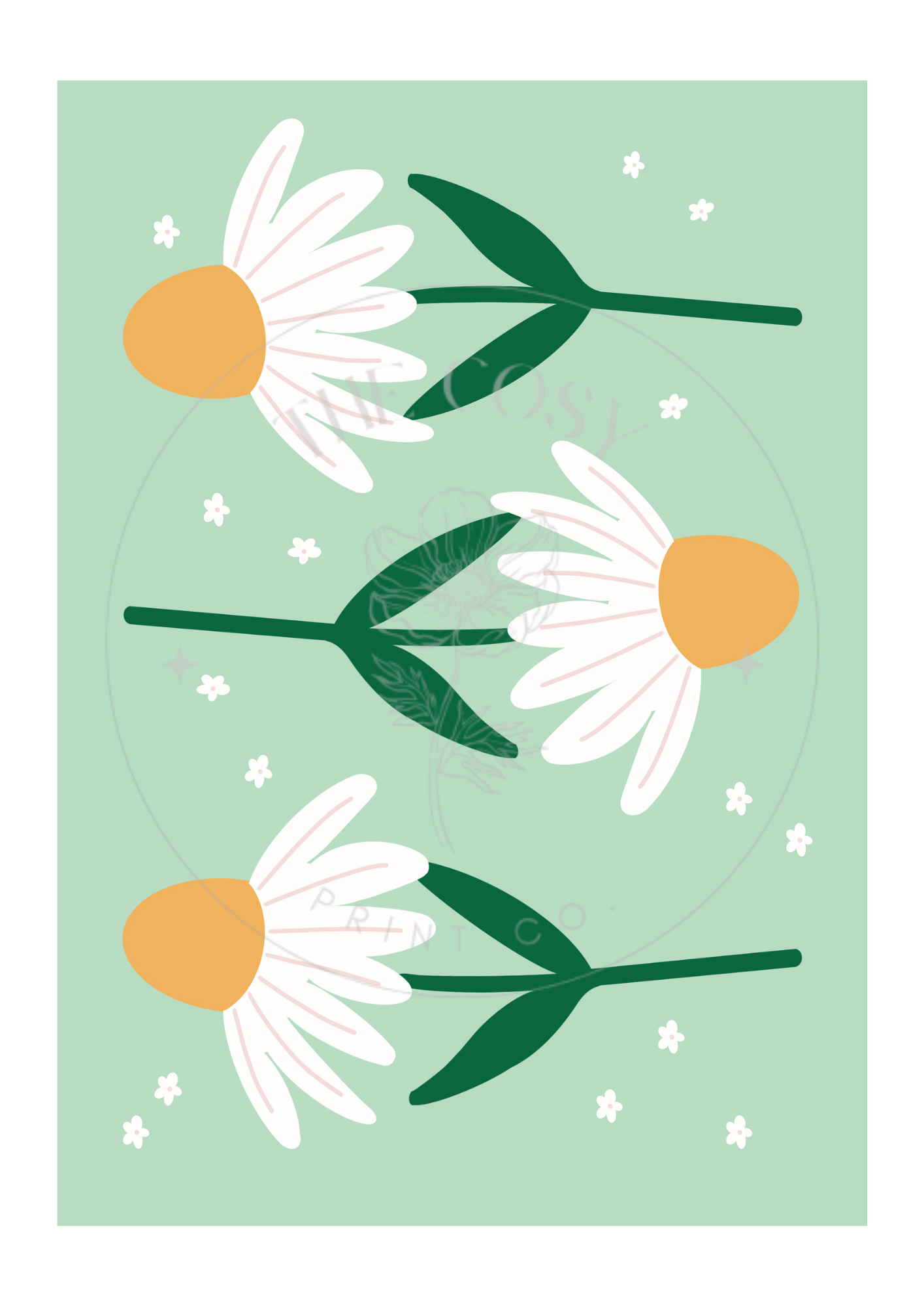 Set of 4 hand-drawn daisy prints in pastel pink, purple, blue, and green shown as a gallery wall.