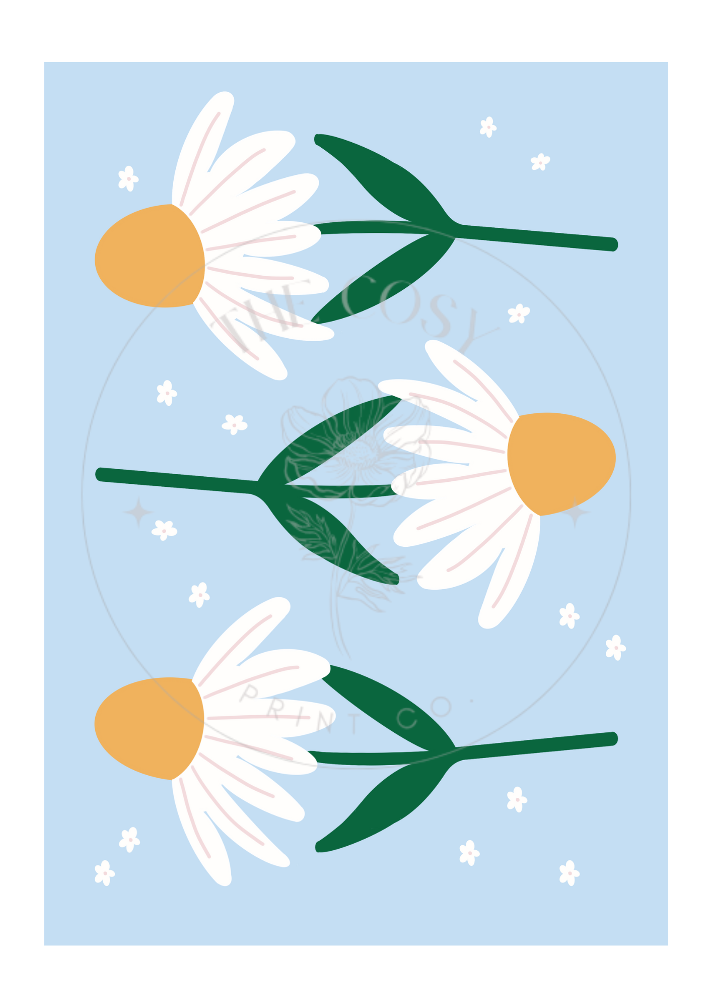Set of 4 hand-drawn daisy prints in pastel pink, purple, blue, and green shown as a gallery wall.
