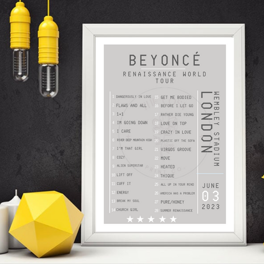 Sleek and modern print of Beyoncé’s Renaissance UK Tour 2023 setlist, with customisable colour options for a personalised touch.