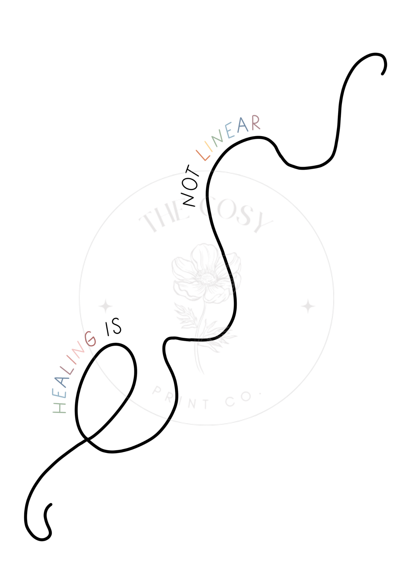 A minimalist print with the phrase “Healing isn’t linear” in calming script, surrounded by soft, neutral tones and gentle shapes.