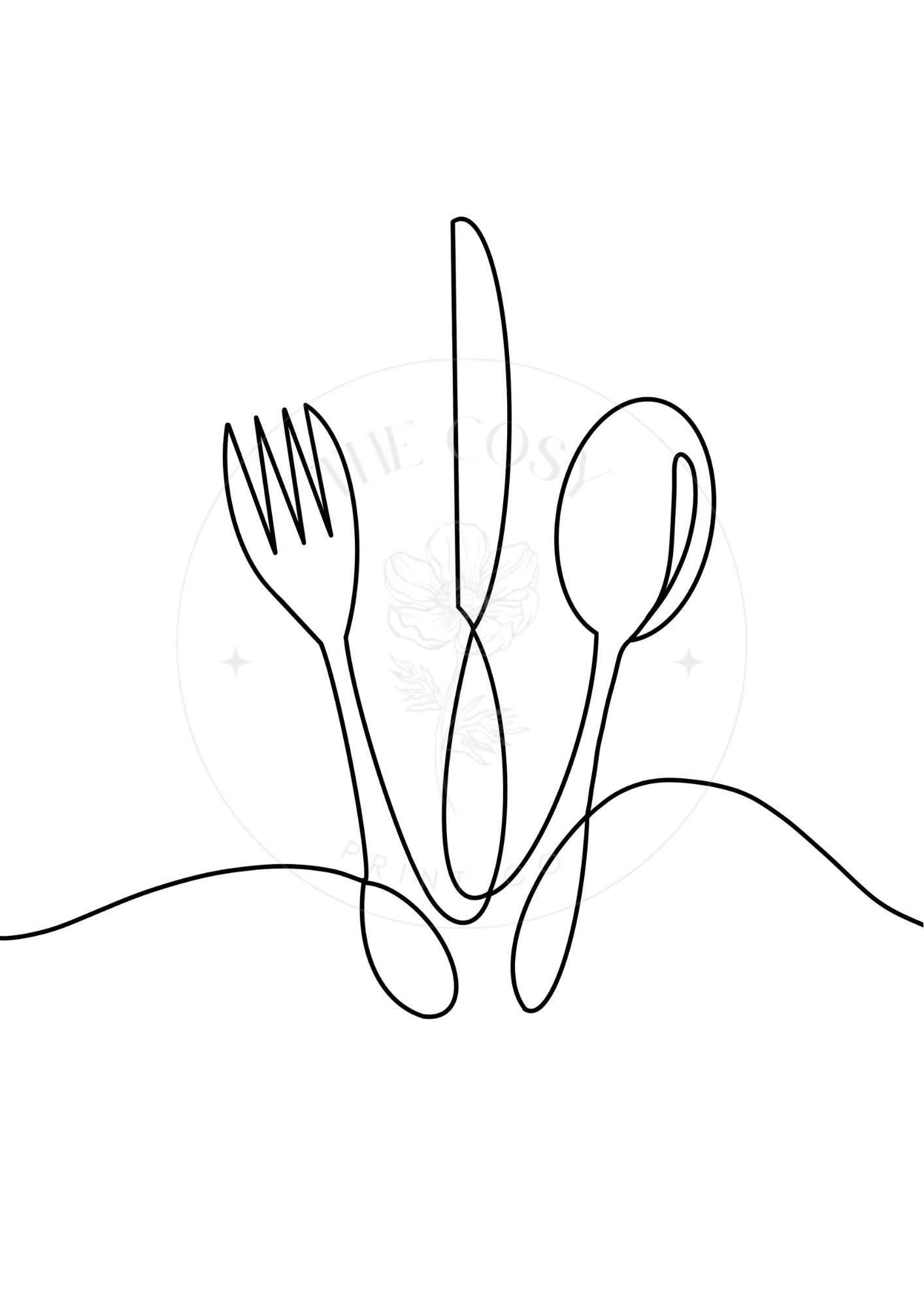 Trio of black and white kitchen prints featuring coffee, cutlery, and wine line drawings.