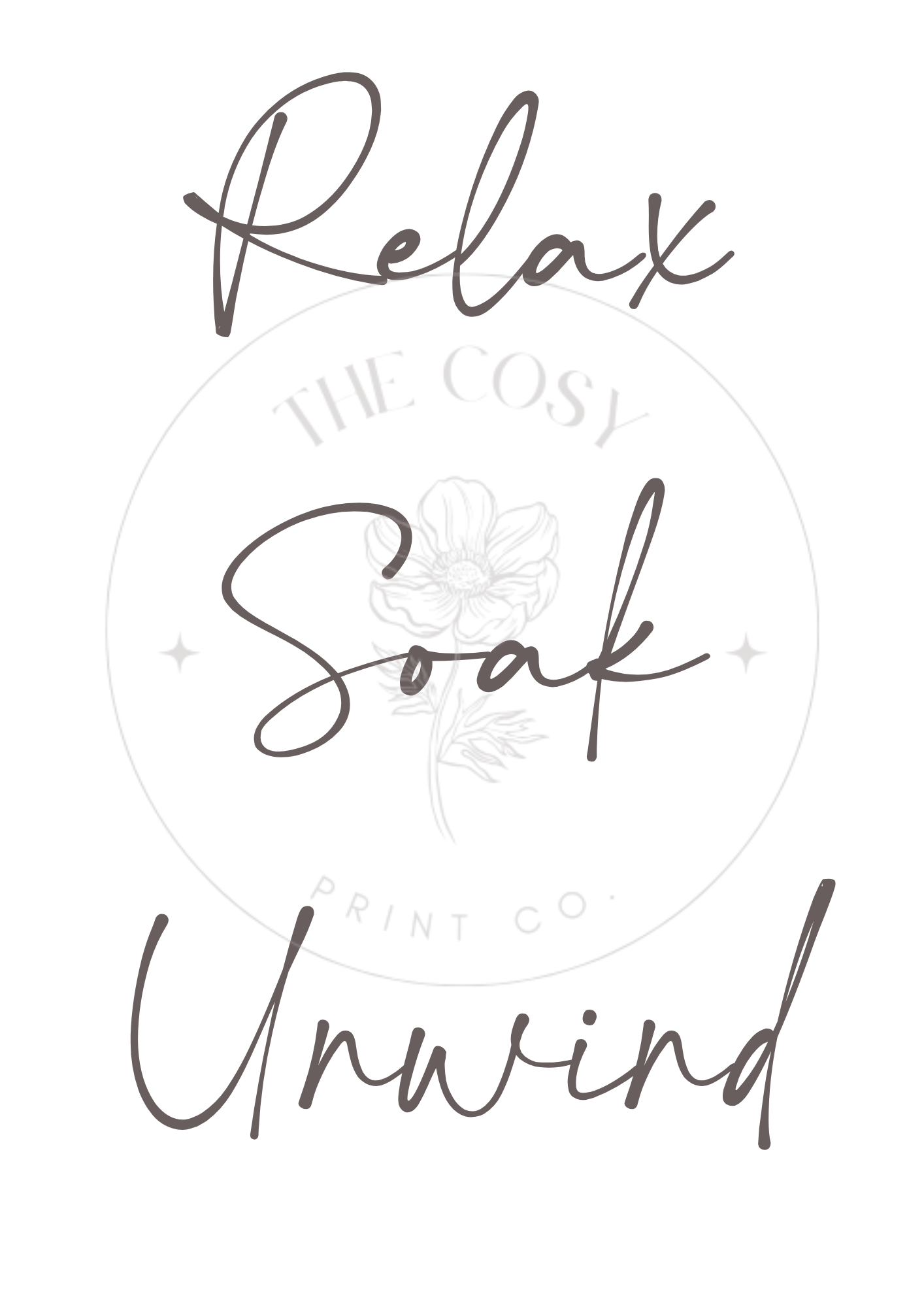 Trio of black and white line drawings featuring two women in towels and a central quote: "Relax. Soak. Unwind." – perfect for bathroom décor.